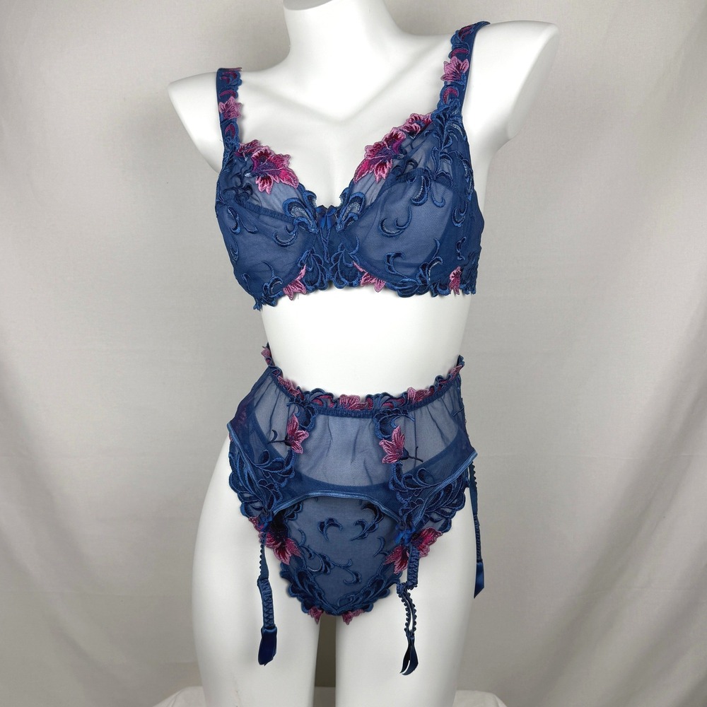 VTG Lise Charmel Floral Embroidered Lingerie 4 Piece Set 34D/M French Luxury
